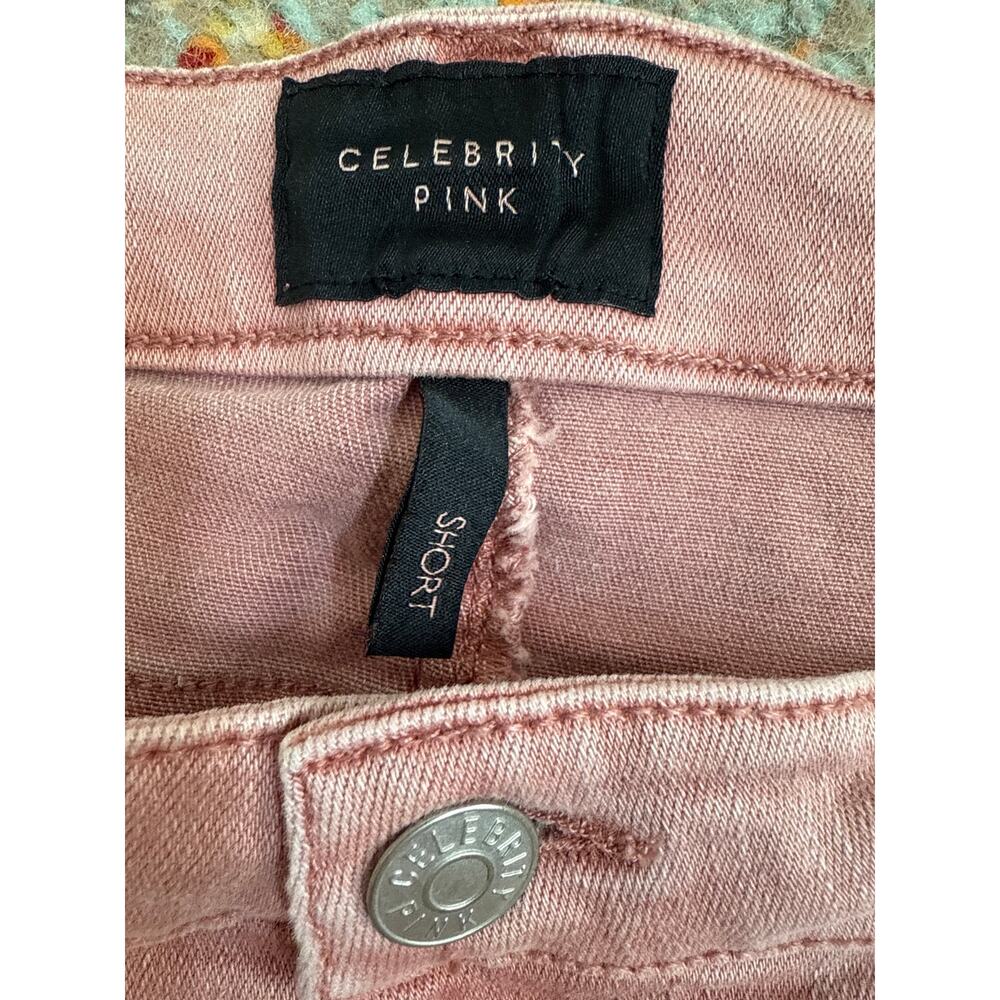 Celebrity Pink Dusty Rose Pink Denim Raw Hem Cut off Shorts with Lace Detail - Picture 2 of 6